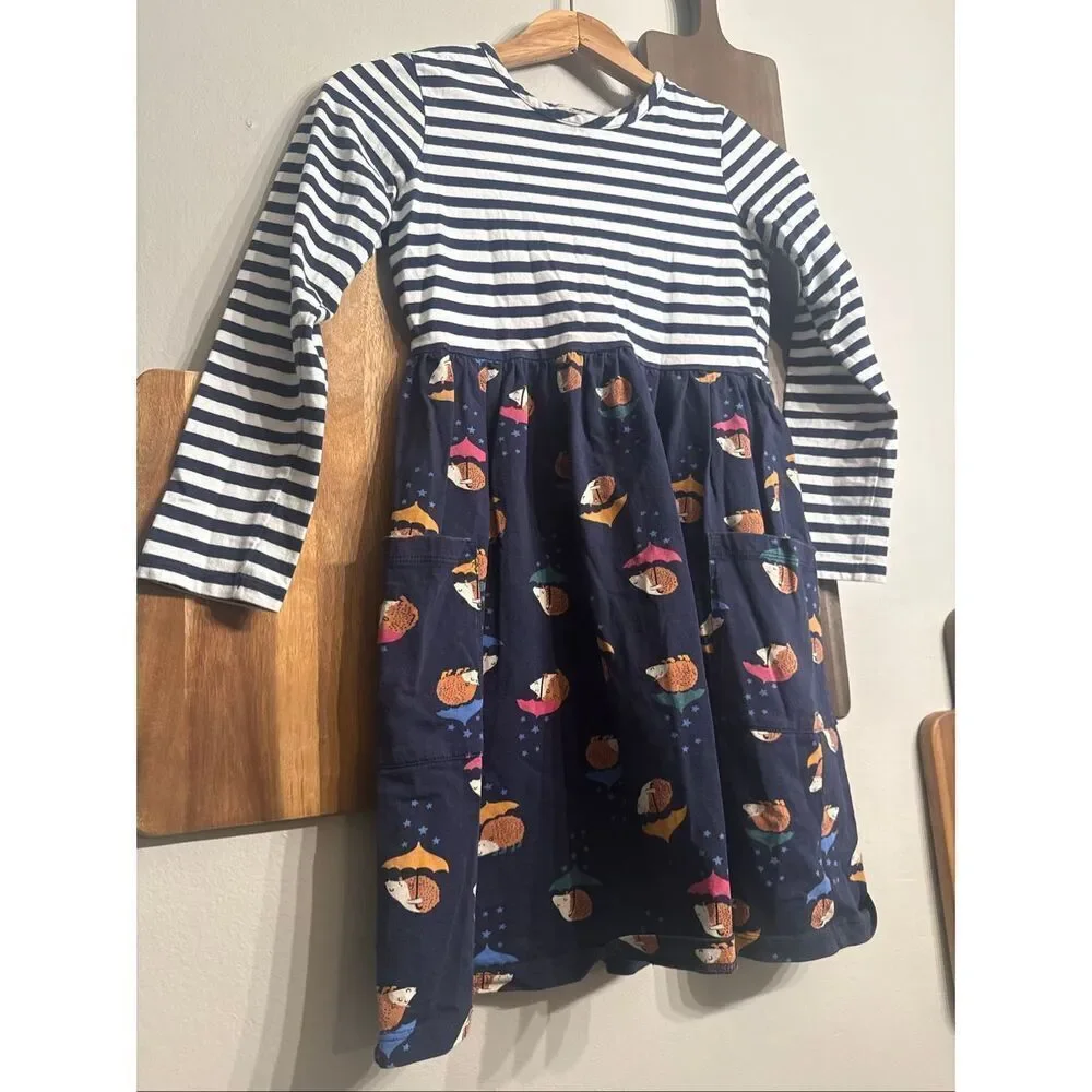 Hanna Andersson Navy White Mixie Hedgehog Long Sleeve Cotton Playdress Size 10